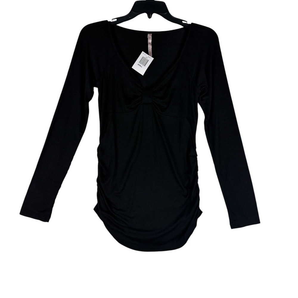 Cielo Black Long Sleeve V-Neck Ruched Side Cinched Front Top Small NWT 3RR7225